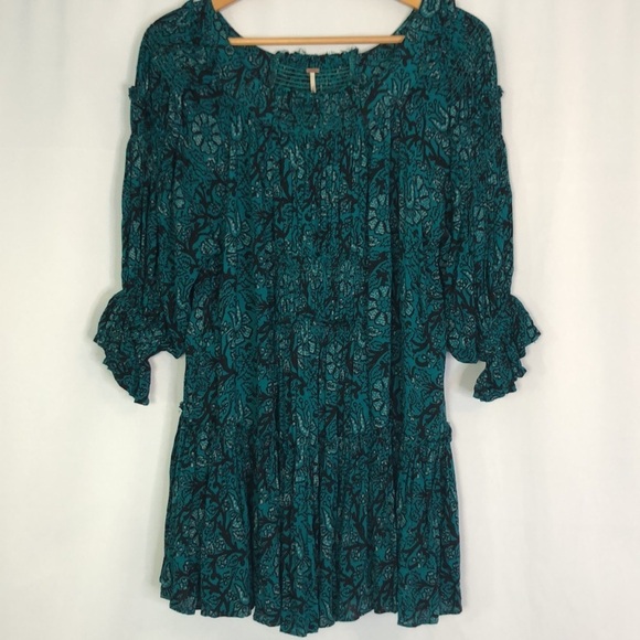 Free People See Ya Later Green Black/Turquoise Smocked Floral Dress Size XS - Picture 5 of 12